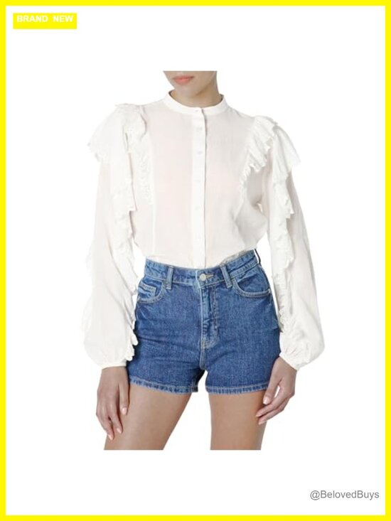 Tops - Womens Ruffle Sleeve Button Cotton Blouse Loose Fit Tunic Top